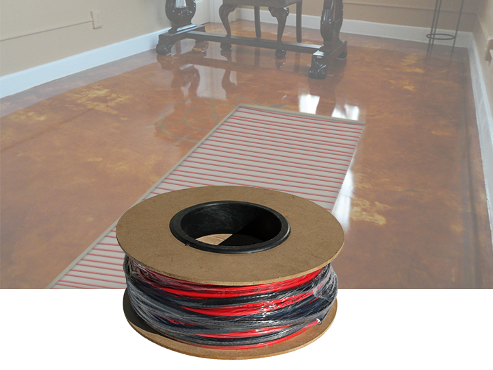 Radiant floor heating cable with concrete slab behind product image